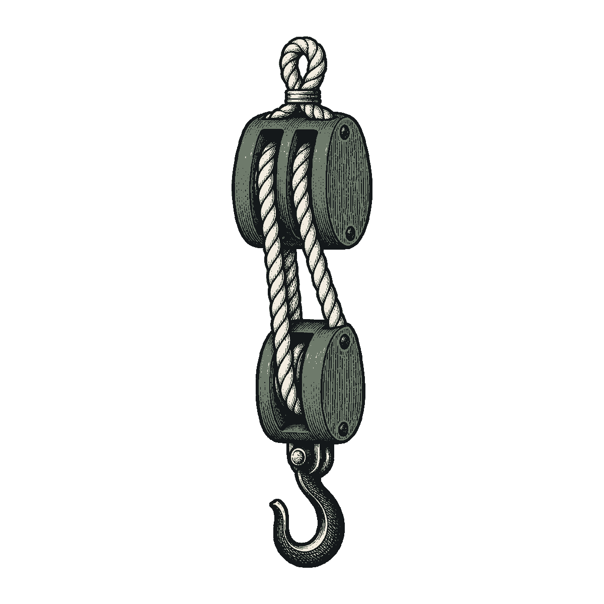 Engraved block and tackle, two wooden blocks with rope reeved between them and a hook below