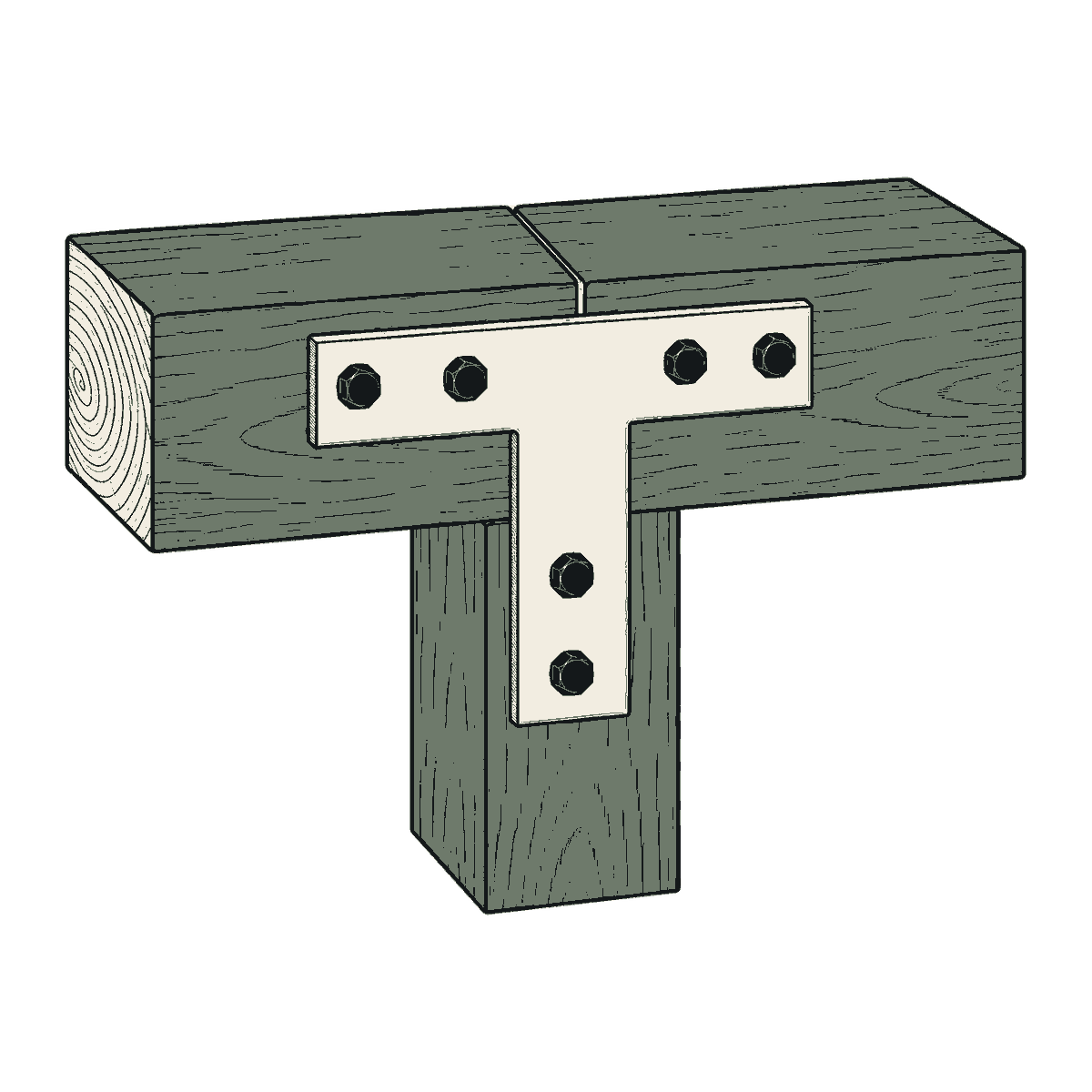 A bolted T-plate tying a squared timber post to the beam above it