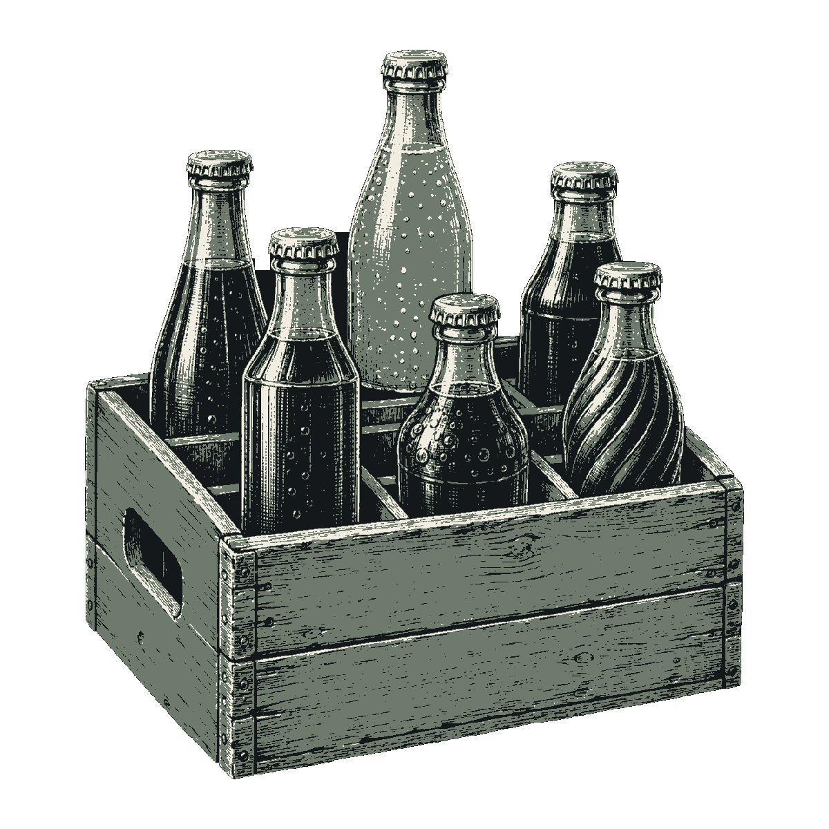 A wooden crate of six vintage soda bottles, each a different shape, with one lifted partway out