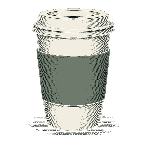 An engraved paper coffee cup with a moss sleeve