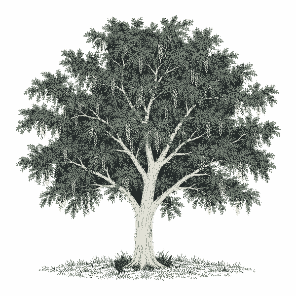 A black locust tree in full leaf, with hanging white flower clusters