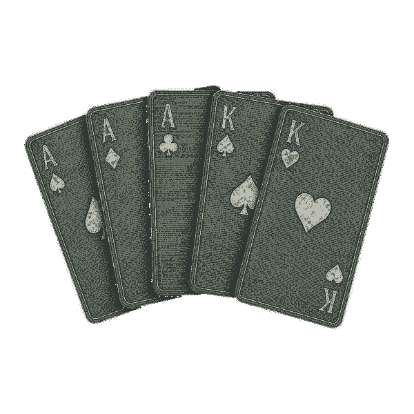 Five fanned playing cards, aces over kings, engraved in moss and bone