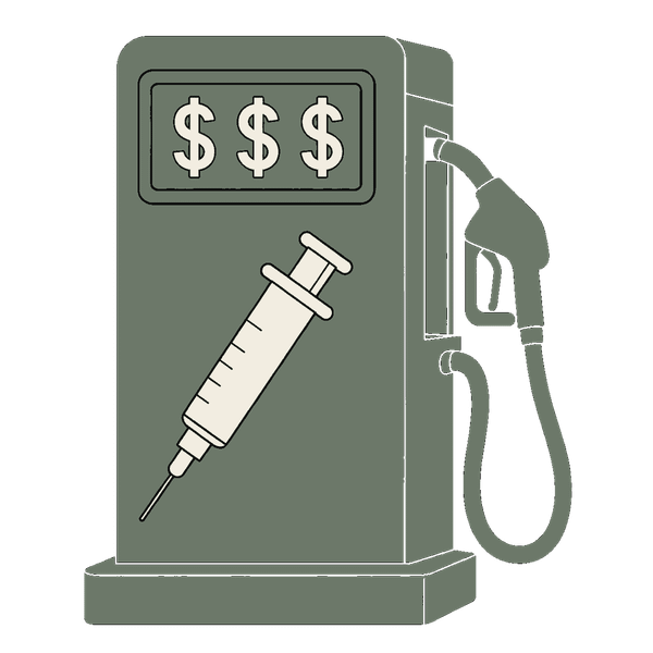 A fuel pump with dollar signs on the display and a syringe in place of the nozzle