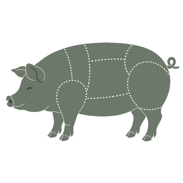 A butcher's cut diagram of a pig, marked snout to tail