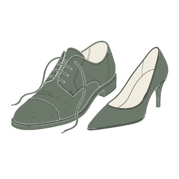 A man's dress shoe and a woman's heel standing empty, side by side
