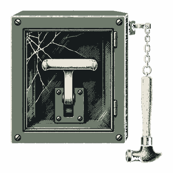 A wall-mounted break-glass emergency box with cracked glass, a pull lever inside and a hammer on a chain