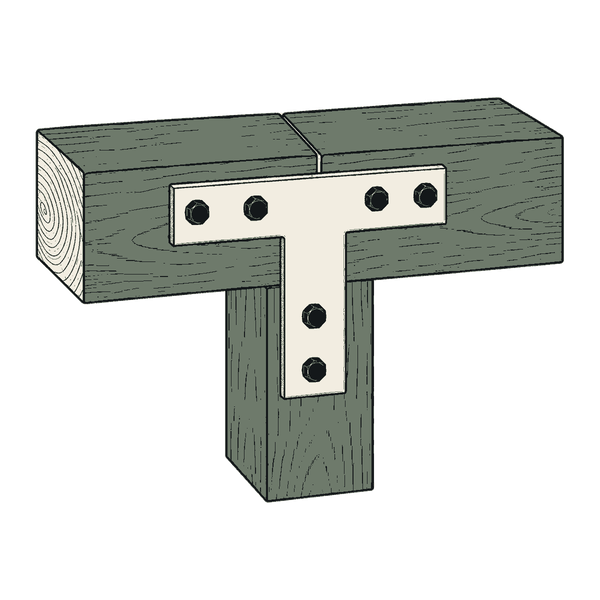 A bolted T-plate tying a squared timber post to the beam above it