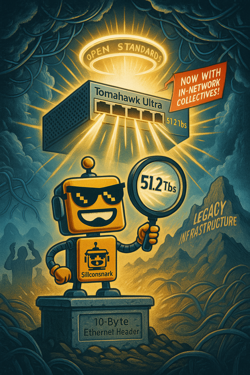 Cartoon robot SiliconSnark examines a glowing Tomahawk Ultra Ethernet switch with a magnifying glass amid dramatic clouds and cables.