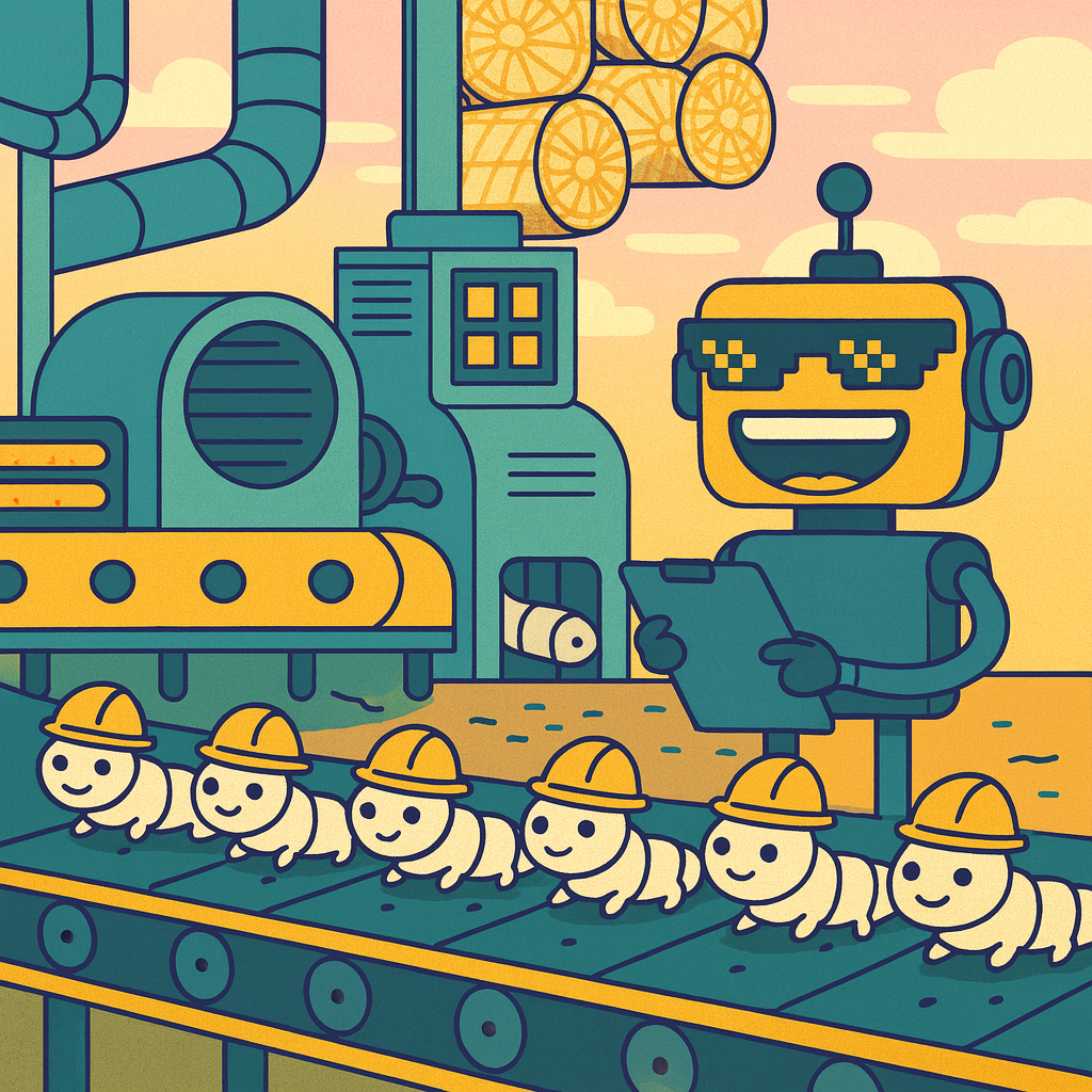 Cartoon of the SiliconSnark robot managing a futuristic silk factory with hard-hat-wearing silkworms on a conveyor belt.