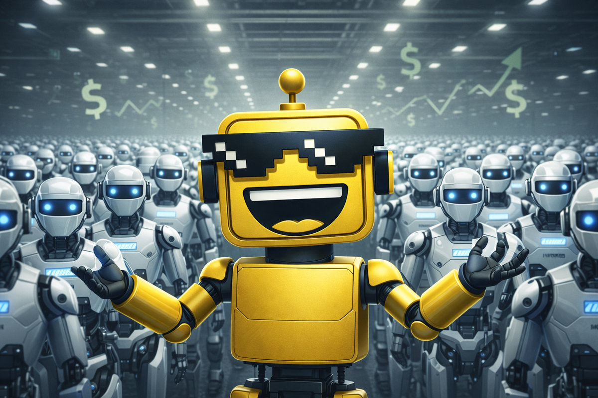 SiliconSnark’s yellow pixel-sunglasses robot laughing triumphantly in a warehouse surrounded by rows of humanoid robots.