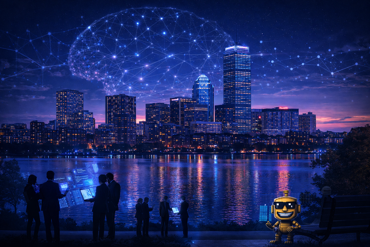Boston skyline at dusk with glowing AI brain in the sky and a small SiliconSnark robot by a park bench.