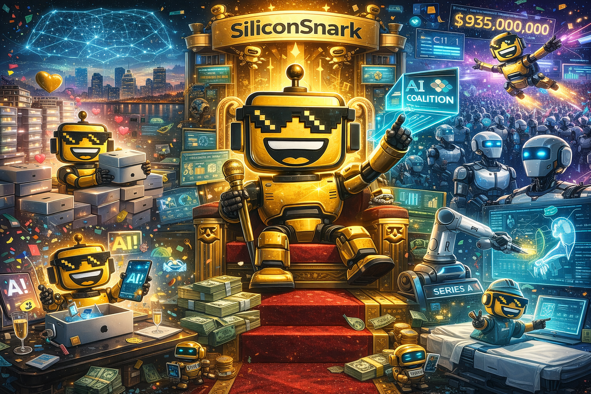 SiliconSnark robot rules a chaotic tech empire of Mac minis, AI holograms, billion-dollar robots, and futuristic surgery scenes.
