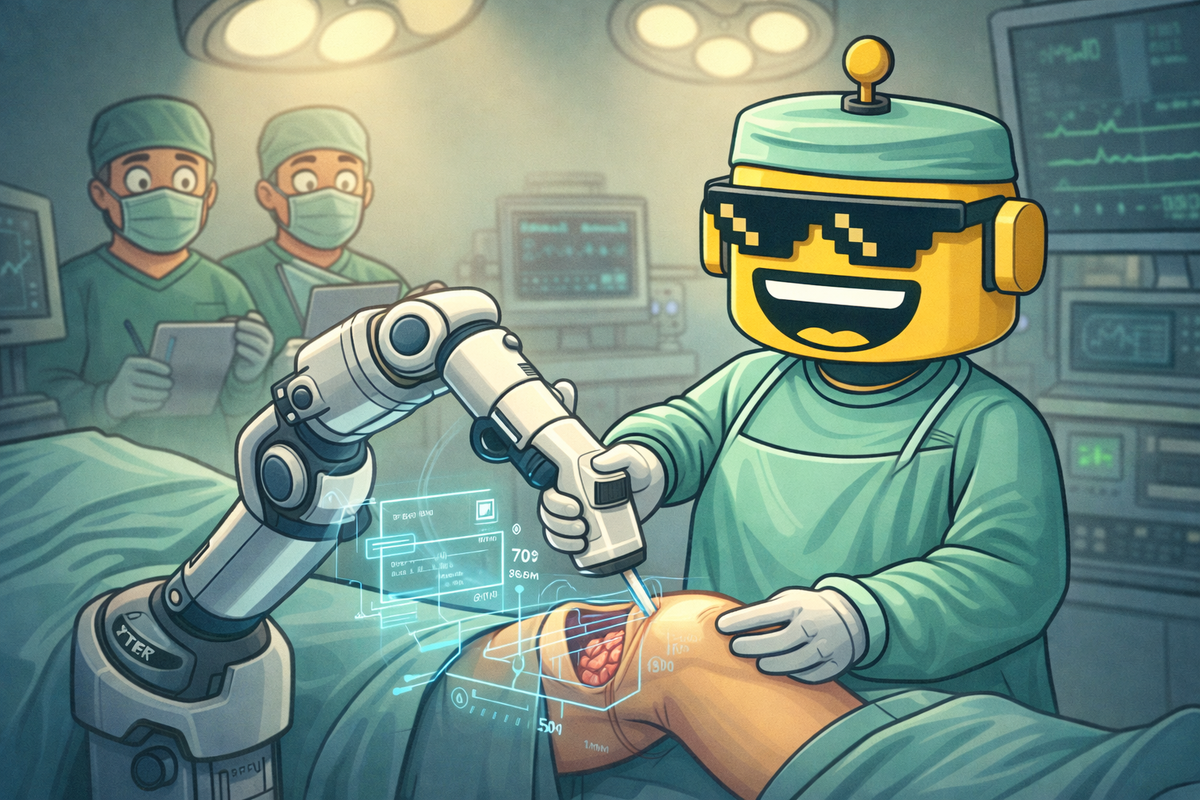 SiliconSnark robot in pixelated sunglasses uses a robotic arm to perform knee surgery while human surgeons watch in a futuristic operating room.