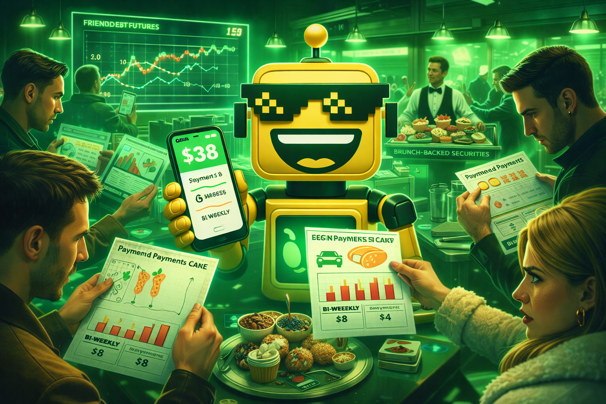 SiliconSnark's robot grins in a brunch restaurant turned trading floor as people finance small peer-to-peer payments like major debt instruments.