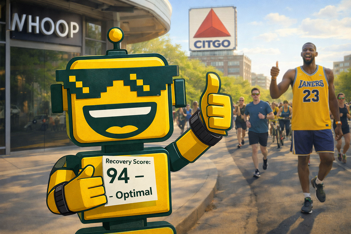 The SiliconSnark robot stands outside WHOOP's Boston headquarters wearing a WHOOP strap, holding a recovery score printout reading "94 – Optimal,"