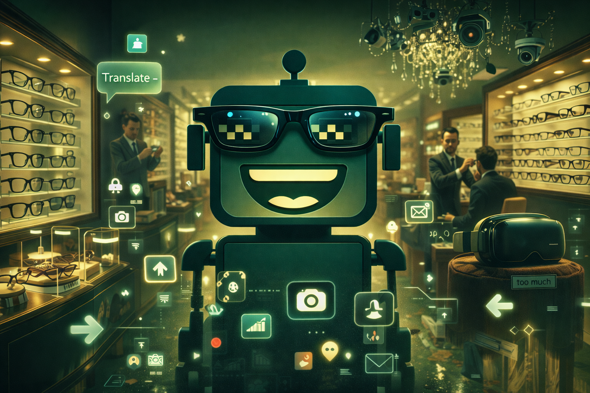 SiliconSnark robot in a futuristic optical shop filled with smart glasses, floating prompts, and subtle surveillance imagery.