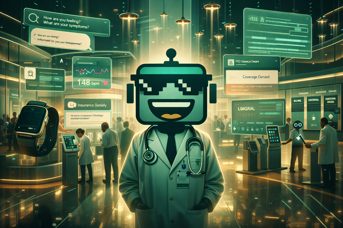 SiliconSnark robot in a futuristic hospital lobby filled with health chatbots, wearable data, and floating medical prompts.