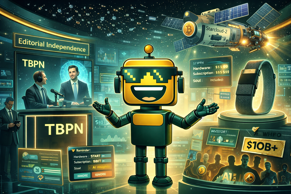 A grinning SiliconSnark robot presents a chaotic futuristic newsroom where AI media deals, space satellites, screenless wearables, and billion-dollar startups collide.