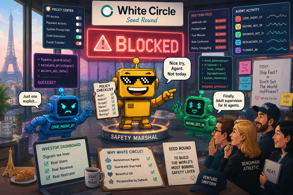 SiliconSnark's robot acts as a smug AI safety marshal in White Circle's chaotic agent-control room.