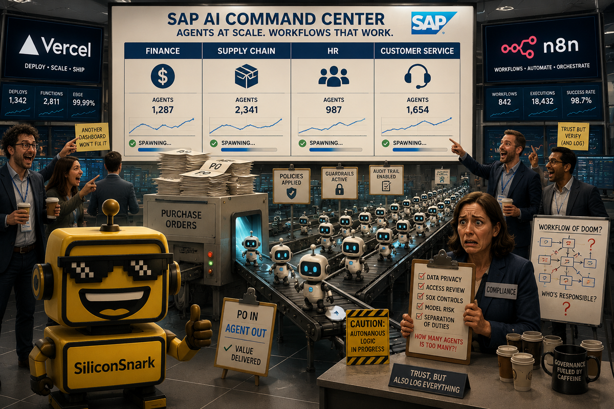 SiliconSnark’s robot reacts to SAP-style enterprise dashboards manufacturing AI agents in a flashy corporate control room.