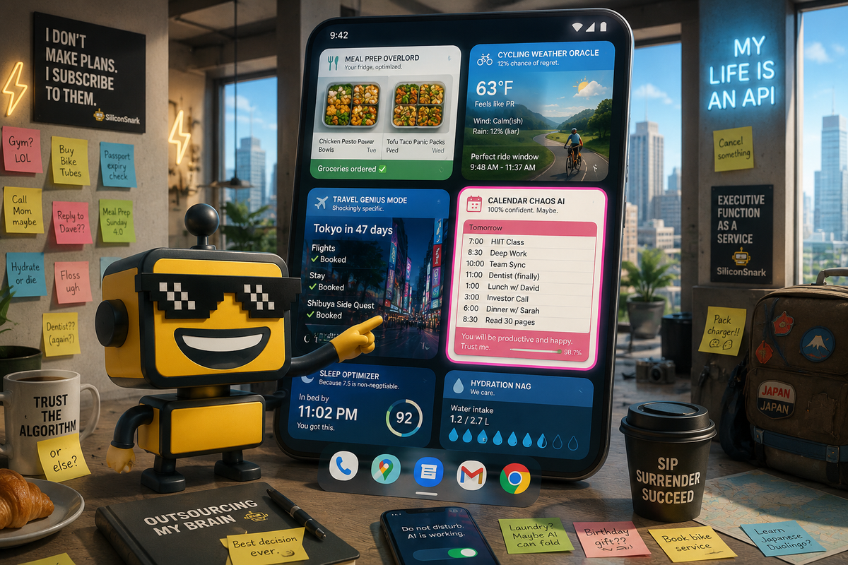 SiliconSnark's robot reacts to a phone covered in overly specific AI-generated Android widgets inside a polished demo apartment.