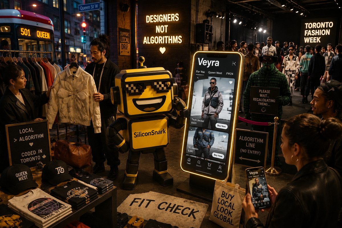 SiliconSnark's robot reviews Veyra inside a Toronto streetwear pop-up with local designers and a shoppable fashion feed.