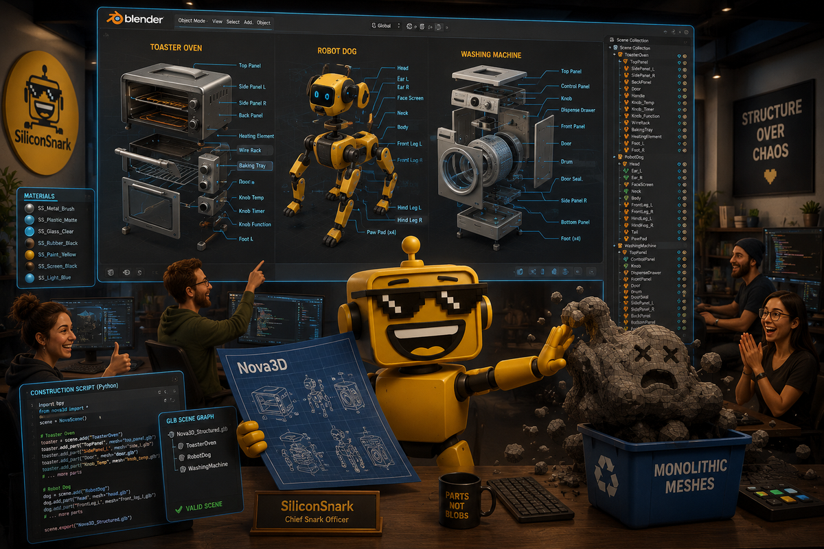The SiliconSnark robot stands inside a futuristic 3D design studio as giant exploded-view appliances and robots float in a Blender workspace