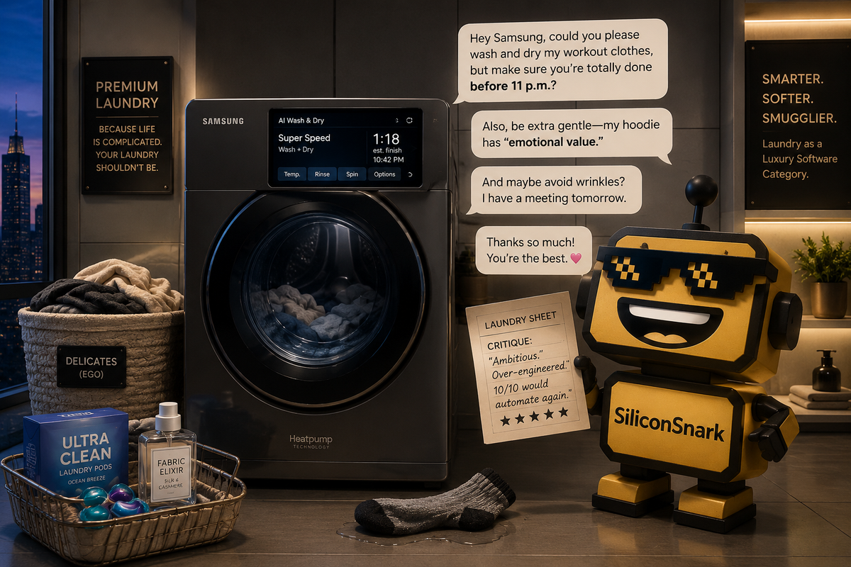 SiliconSnark’s robot reacts to a premium AI washer-dryer in a sleek futuristic laundry room.