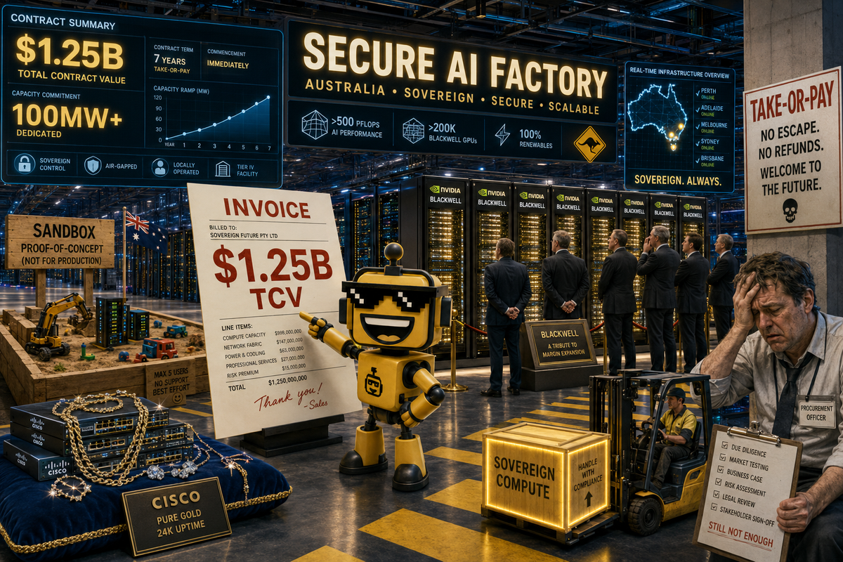 SiliconSnark’s robot reacts inside a glossy sovereign AI data center full of GPU racks, enterprise dashboards, and oversized contract paperwork.