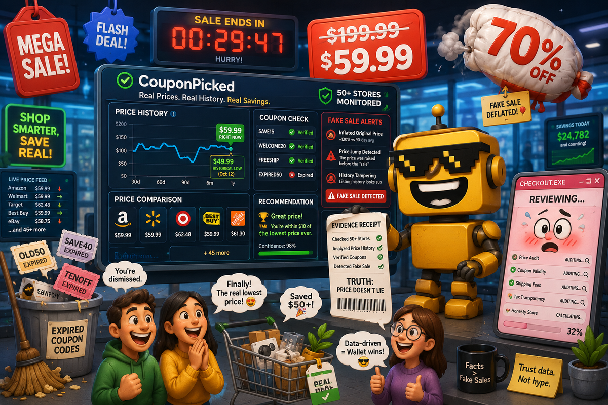 SiliconSnark's robot reviews CouponPicked in a shopping dashboard that exposes fake sale prices and verifies coupon codes.