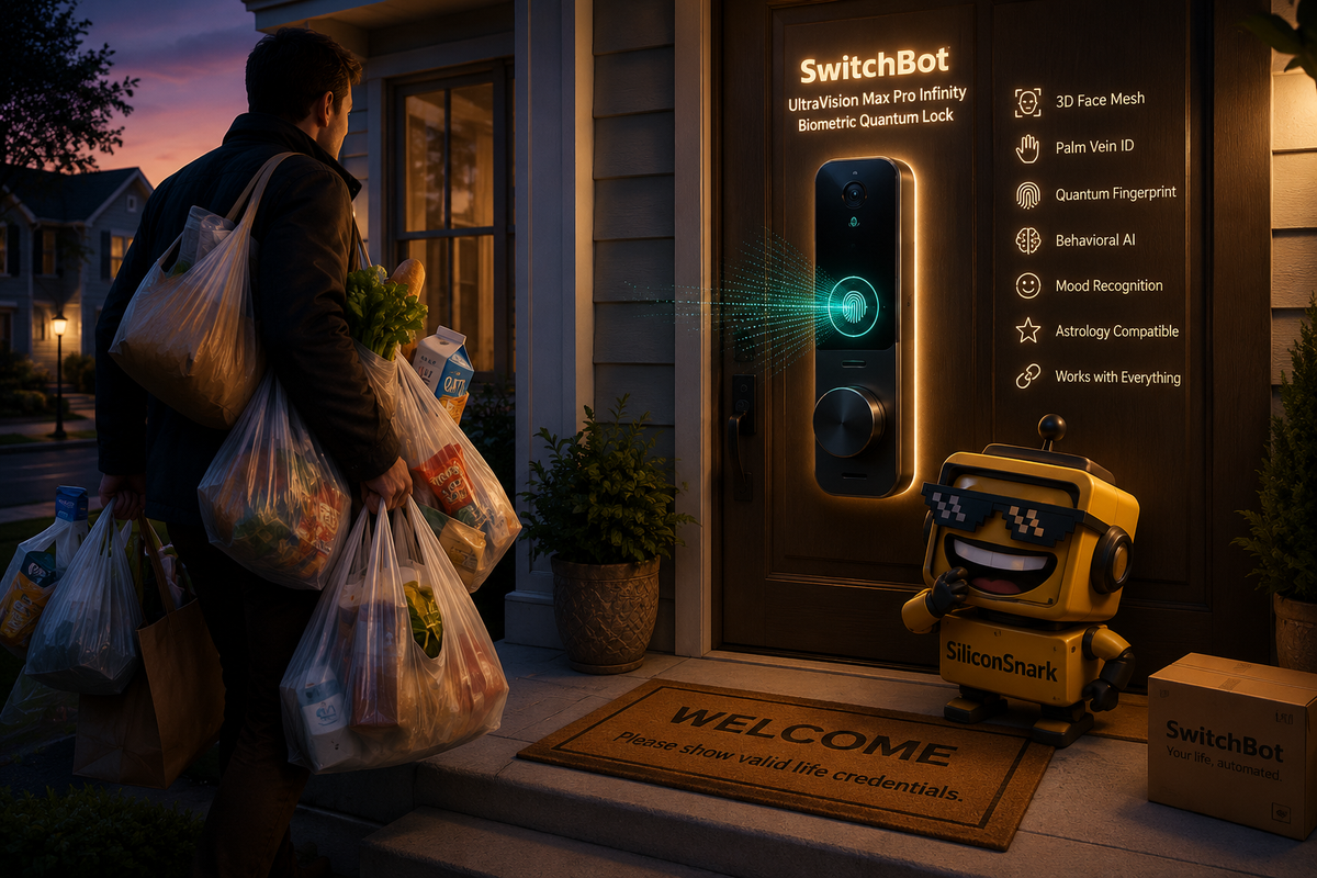 SiliconSnark's robot watches a face-scanning smart lock on a suburban front door while a homeowner arrives with groceries.
