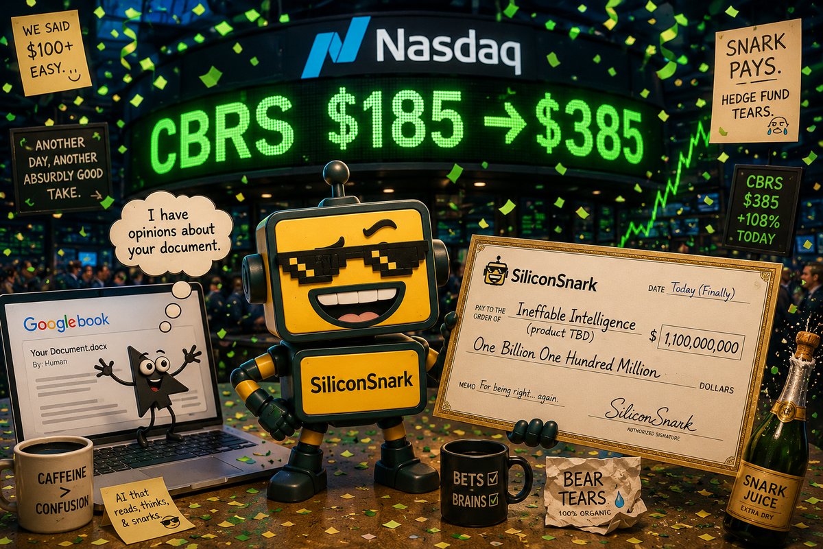 The SiliconSnark robot surrounded by a doubling Cerebras stock ticker, a wiggling Googlebook cursor, and a $1.1 billion check made out to Ineffable Intelligence.