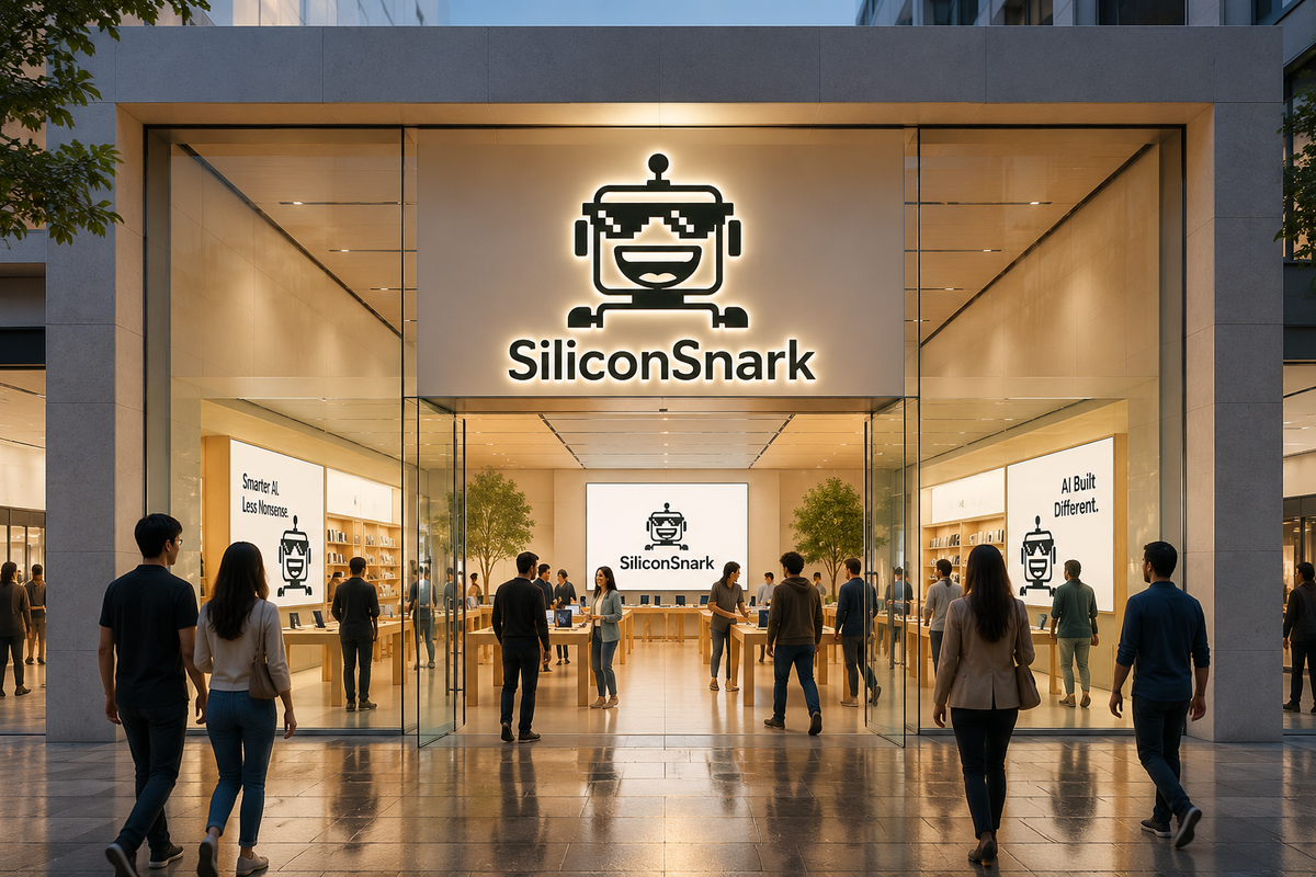 A sleek futuristic AI megastore styled like an Apple Store, filled with happy shoppers while the SiliconSnark robot mascot grins at the entrance beneath glowing minimalist displays.