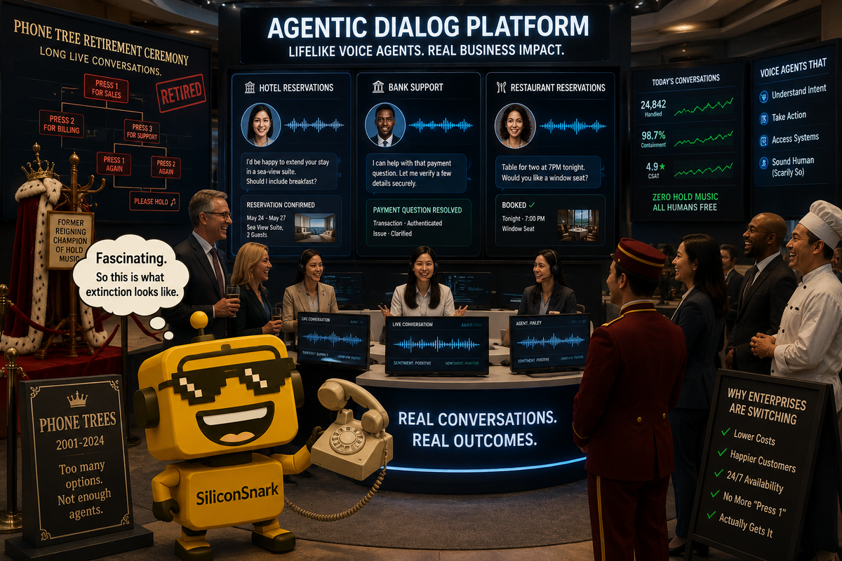 SiliconSnark’s robot reacts at an enterprise launch as PolyAI-style voice agents take over a glossy contact center.