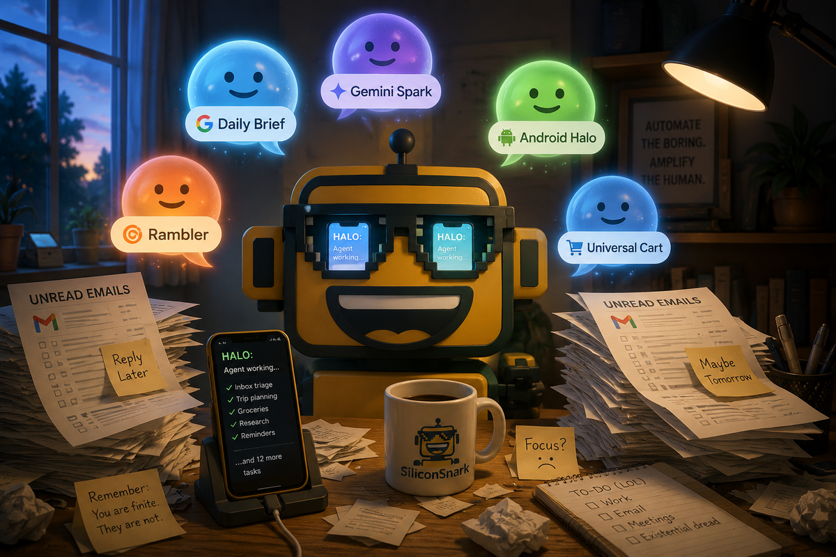 The SiliconSnark robot surrounded by five cheerful floating AI assistant bubbles representing Google I/O 2026 features, looking slightly overwhelmed at a home office desk.