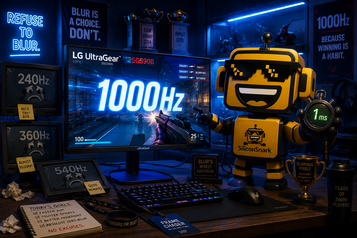 SiliconSnark's robot reacts to LG's 1000Hz esports monitor in a glowing competitive gaming setup.