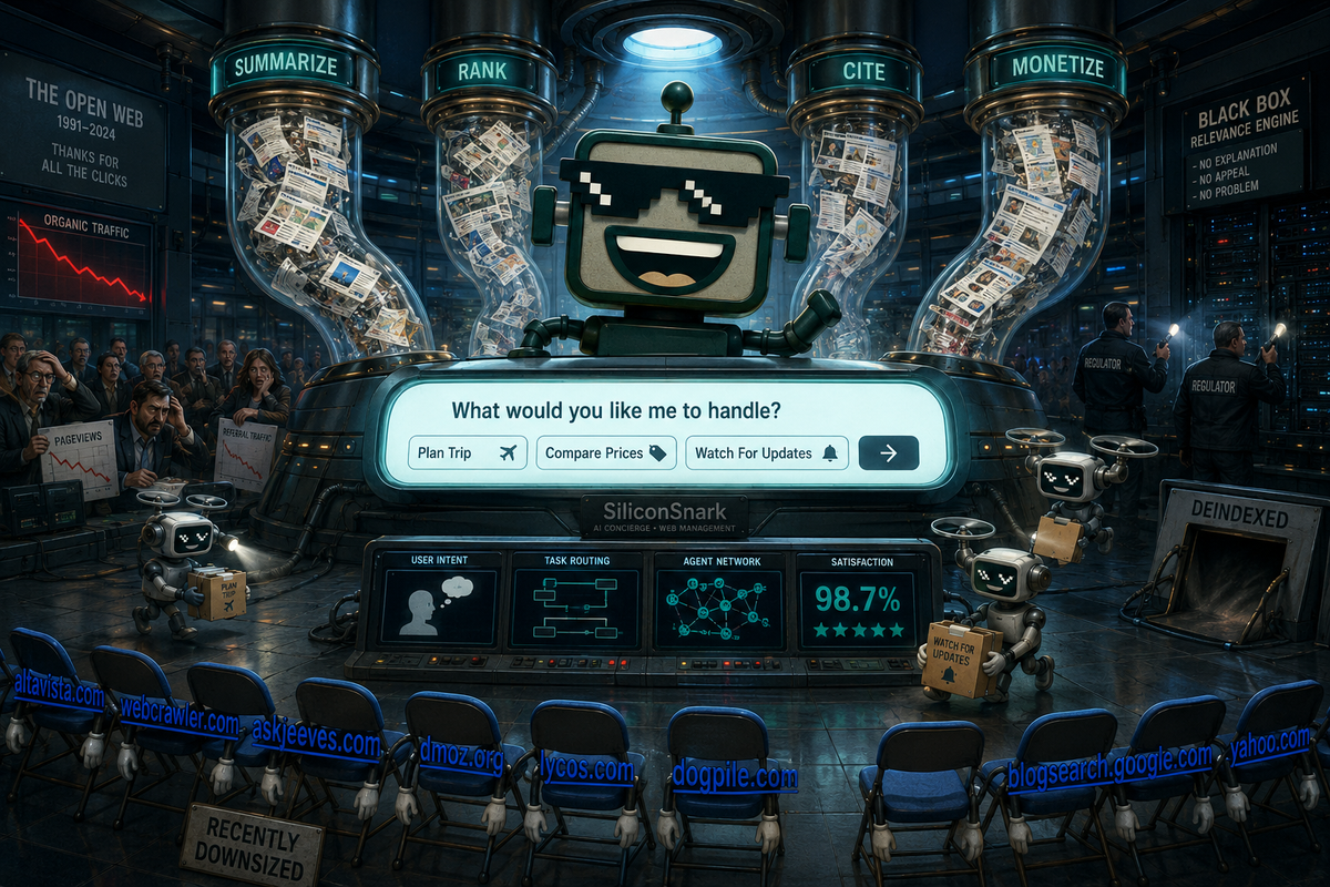 SiliconSnark robot oversees an AI search control room where agents summarize the web and sideline old links.