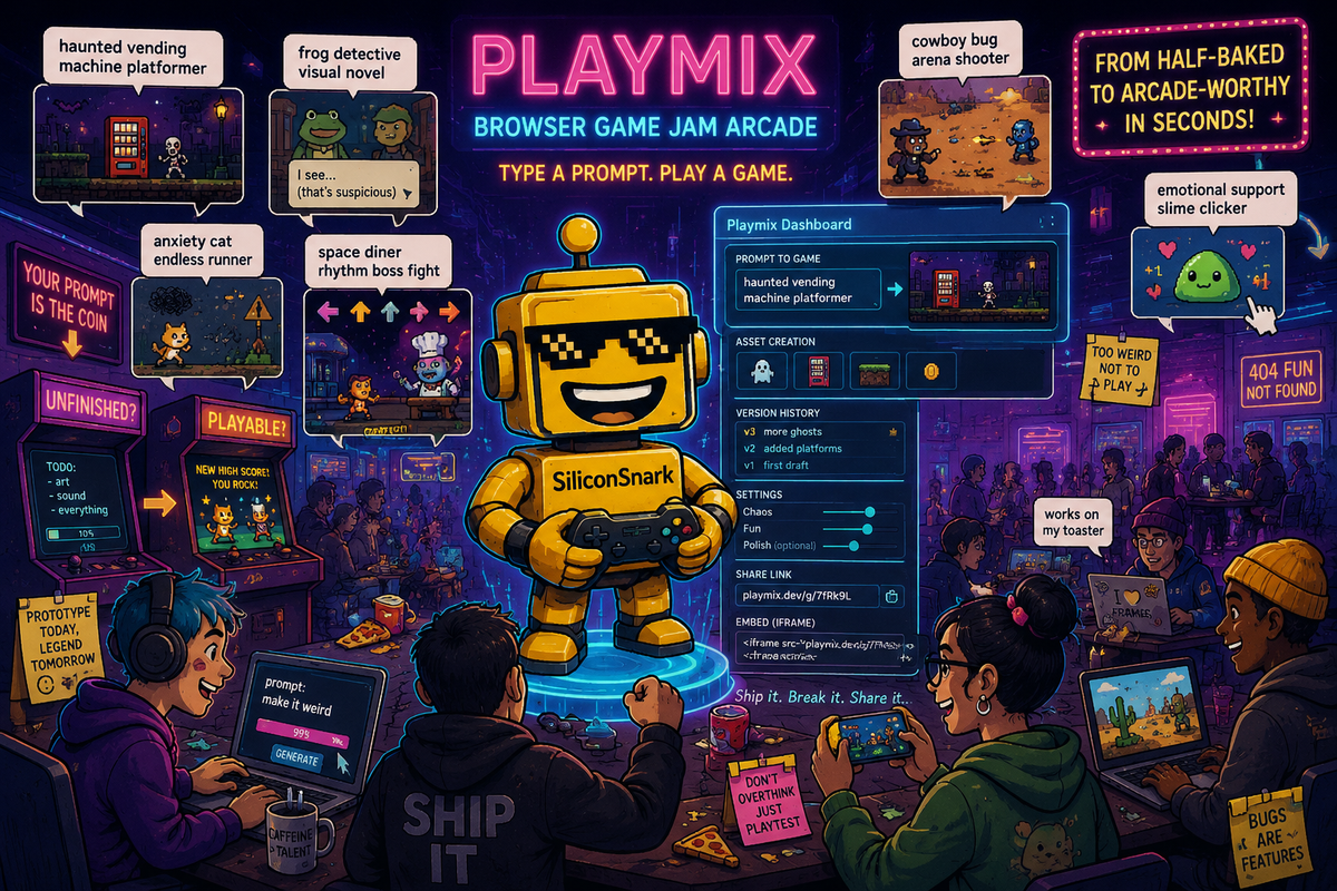SiliconSnark's robot reviews Playmix in a neon game-jam arcade where prompts turn into playable browser games.