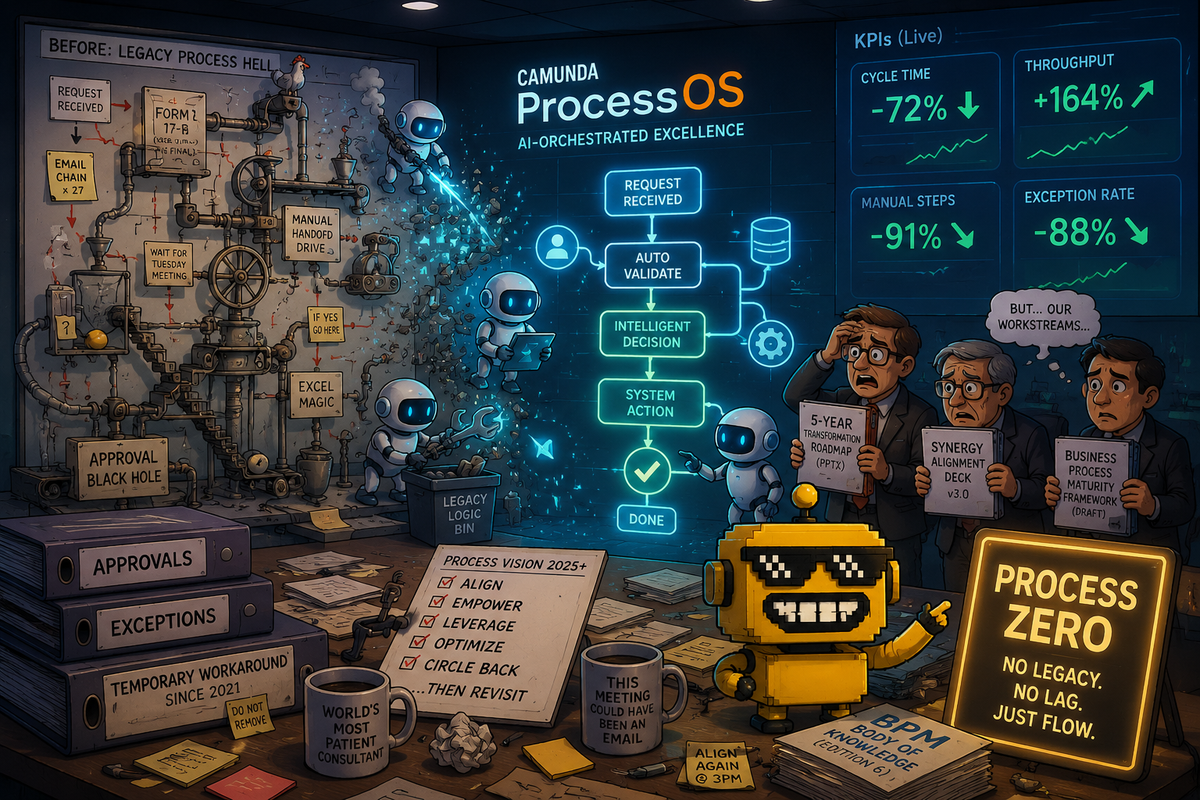 SiliconSnark’s robot watches AI agents replace a tangled enterprise workflow in a glossy process control room.