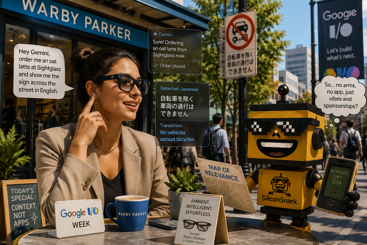 SiliconSnark's grinning robot watches someone use Google's new Gemini audio glasses outside a stylish cafe and eyewear store.