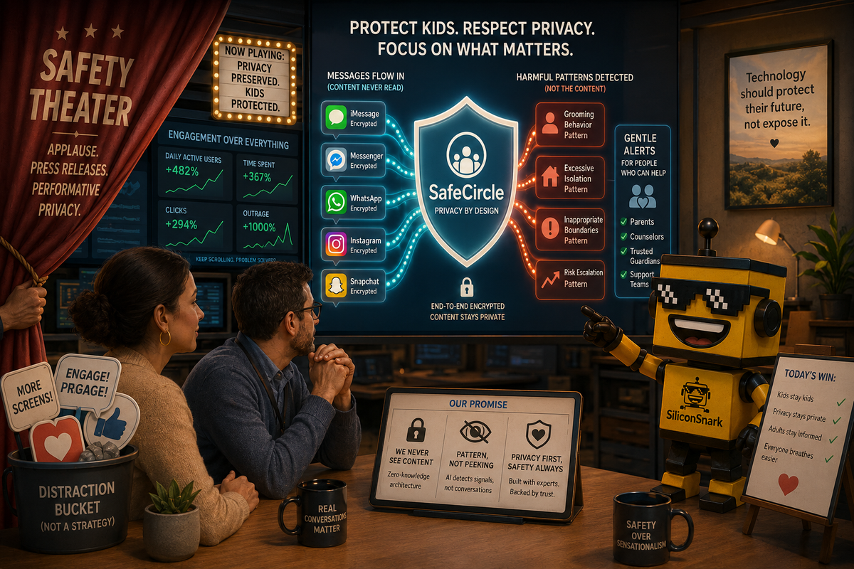 SiliconSnark's robot reviews SafeCircle in a privacy-focused digital safety room that detects predator risk without exposing full conversations.