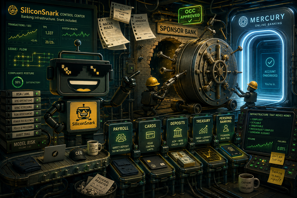 SiliconSnark mascot in a fintech control room moving banking tools and a vault toward an online bank portal.