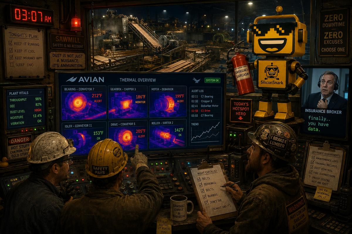 SiliconSnark’s robot watches AVIAN thermal cameras catch a dangerous factory hotspot before it becomes a fire.