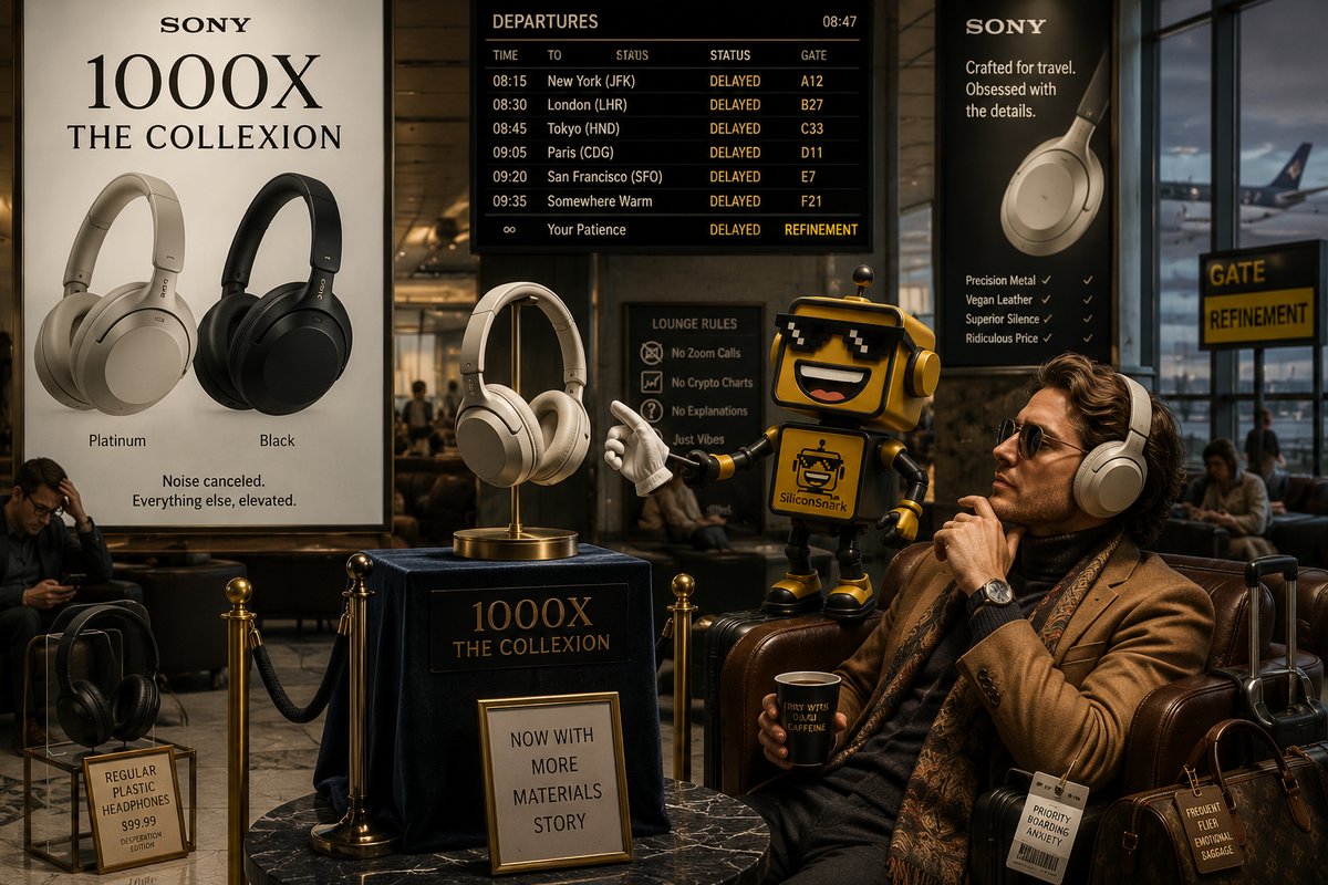 SiliconSnark's robot reacts to Sony's luxury headphones on display in a glossy airport lounge as a stylish traveler tests them.