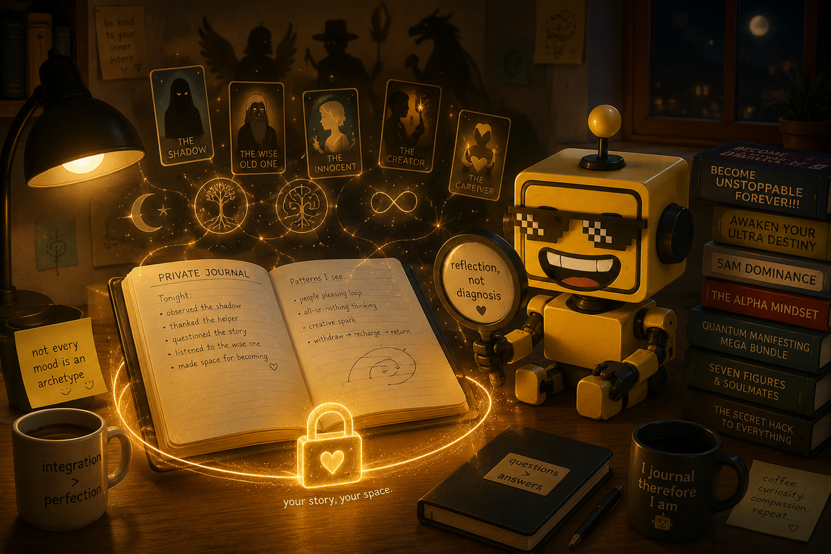 SiliconSnark's robot reviews Shadow Journal beside a private AI journaling app with Jungian reflection symbols and a privacy lock.