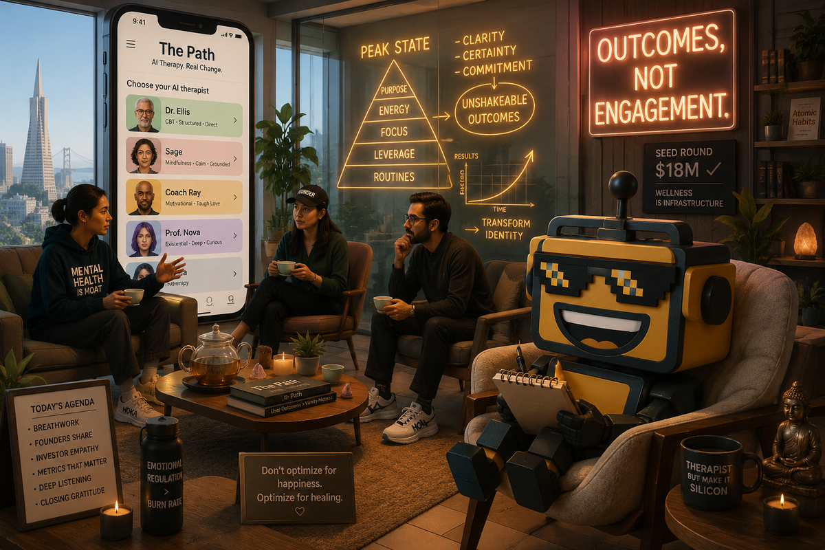 SiliconSnark’s robot sits in a startup therapy lounge as investors back an AI wellness app filled with Tony Robbins energy.