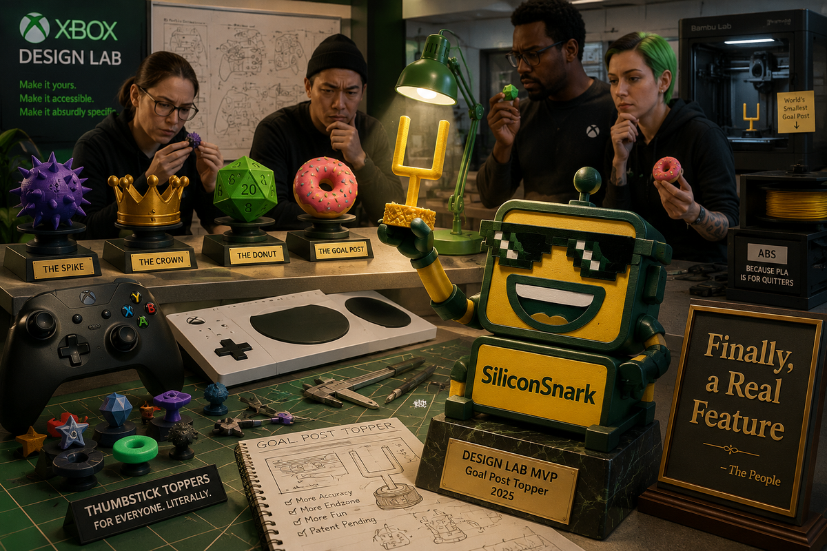 SiliconSnark's robot proudly holds Xbox's new Goal Post adaptive thumbstick topper in a busy 3D-printing design workspace.