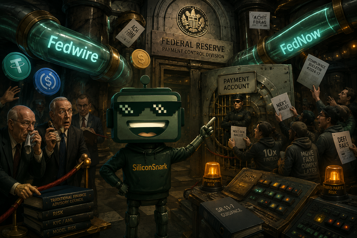 SiliconSnark robot in a Fed-like payment control room as fintech founders approach guarded payment rails.