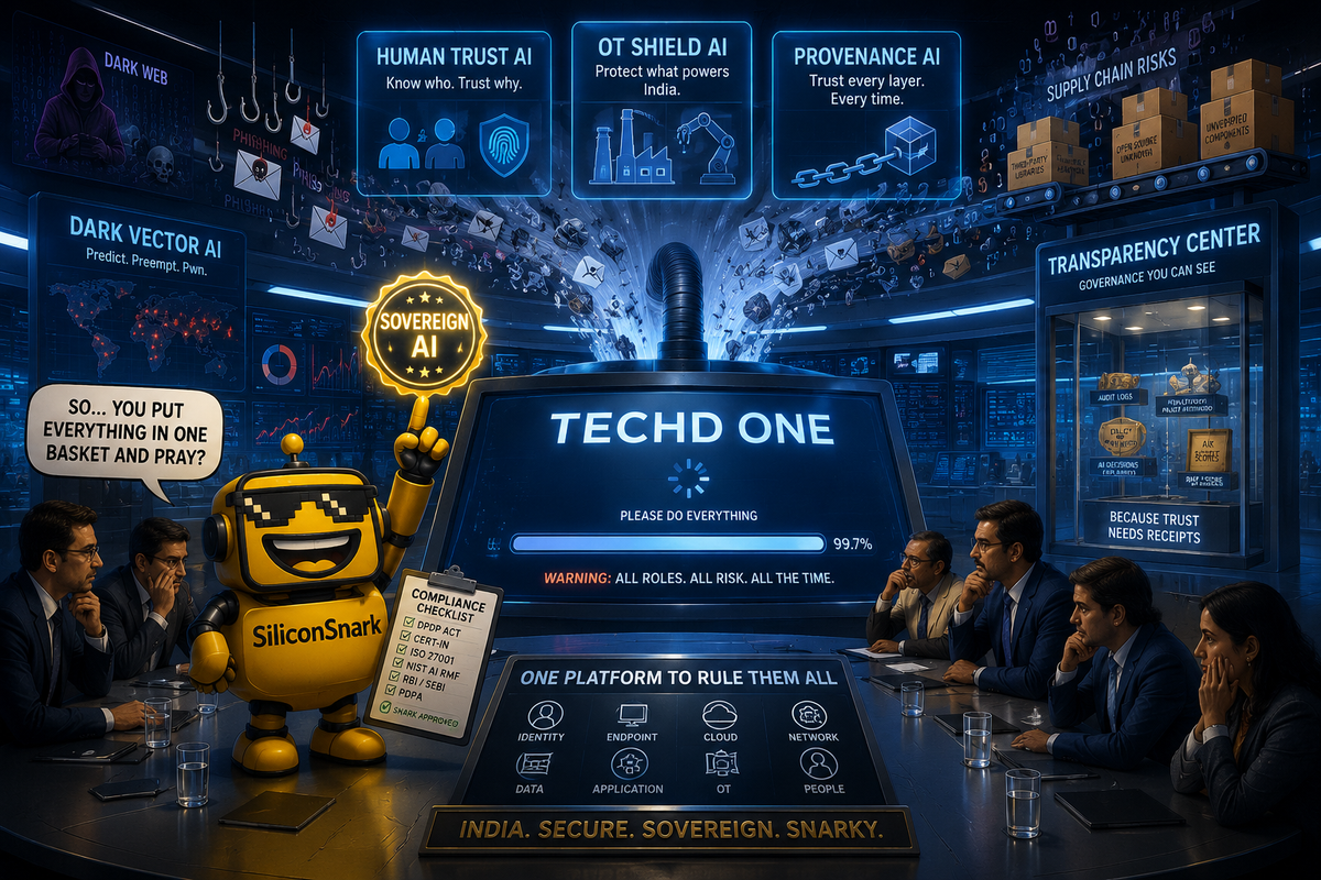 SiliconSnark robot reacts as TechD’s all-in-one cybersecurity platform absorbs multiple enterprise security dashboards in a glossy control room.