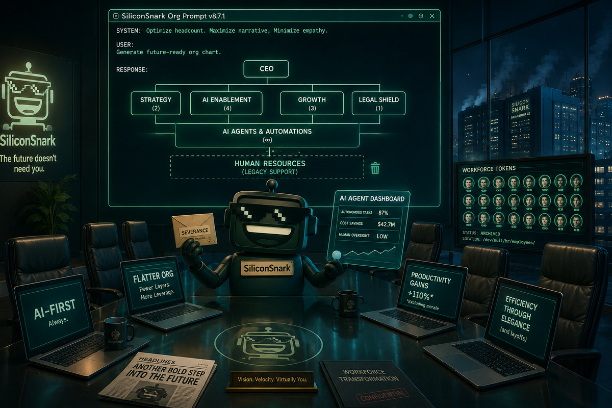 SiliconSnark robot watches a boardroom org chart turn into an AI prompt window.